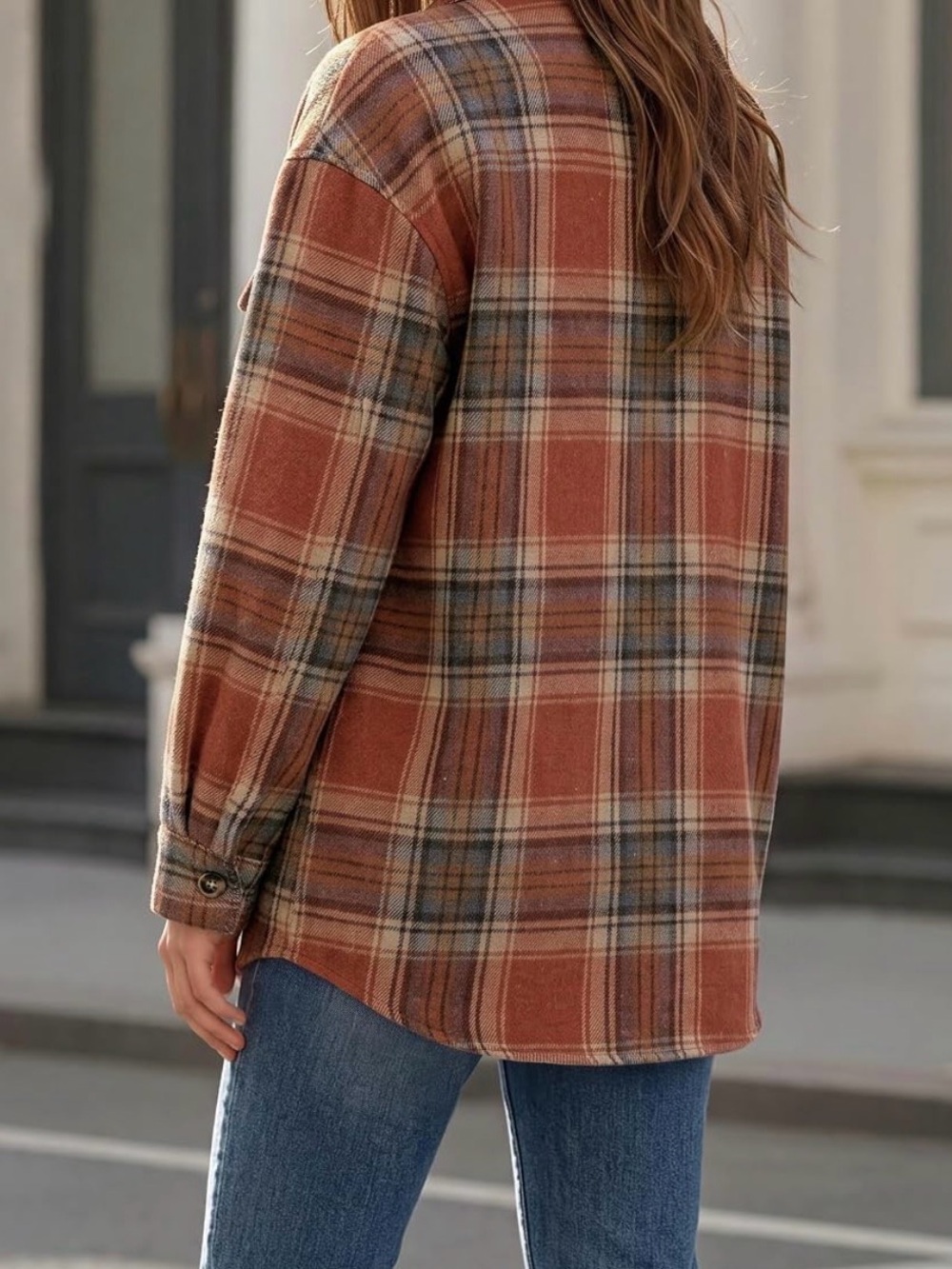 Plaid Button-Up Shacket Jacket in Rust Multi - Picture 5 of 8